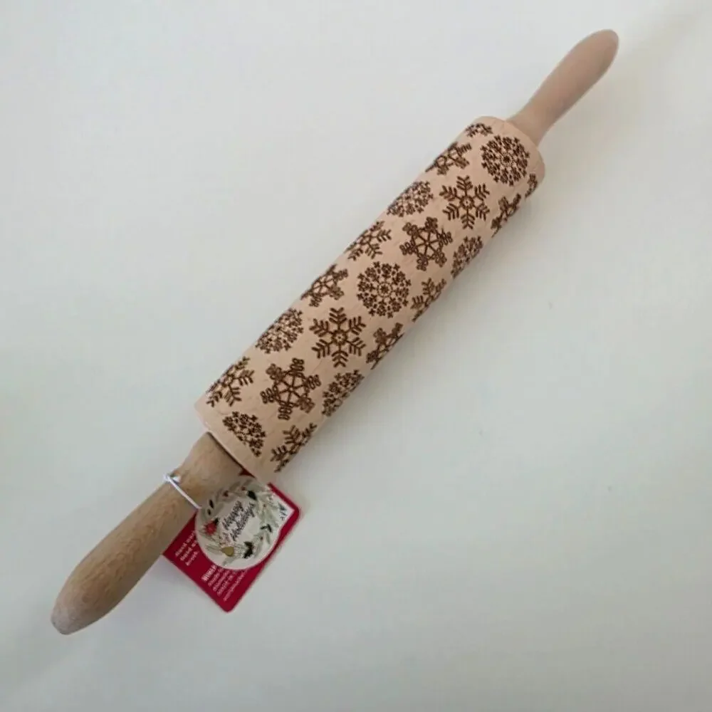 World Market Snowflake Embossed Wooden Rolling Pin Christmas Cookie Baking